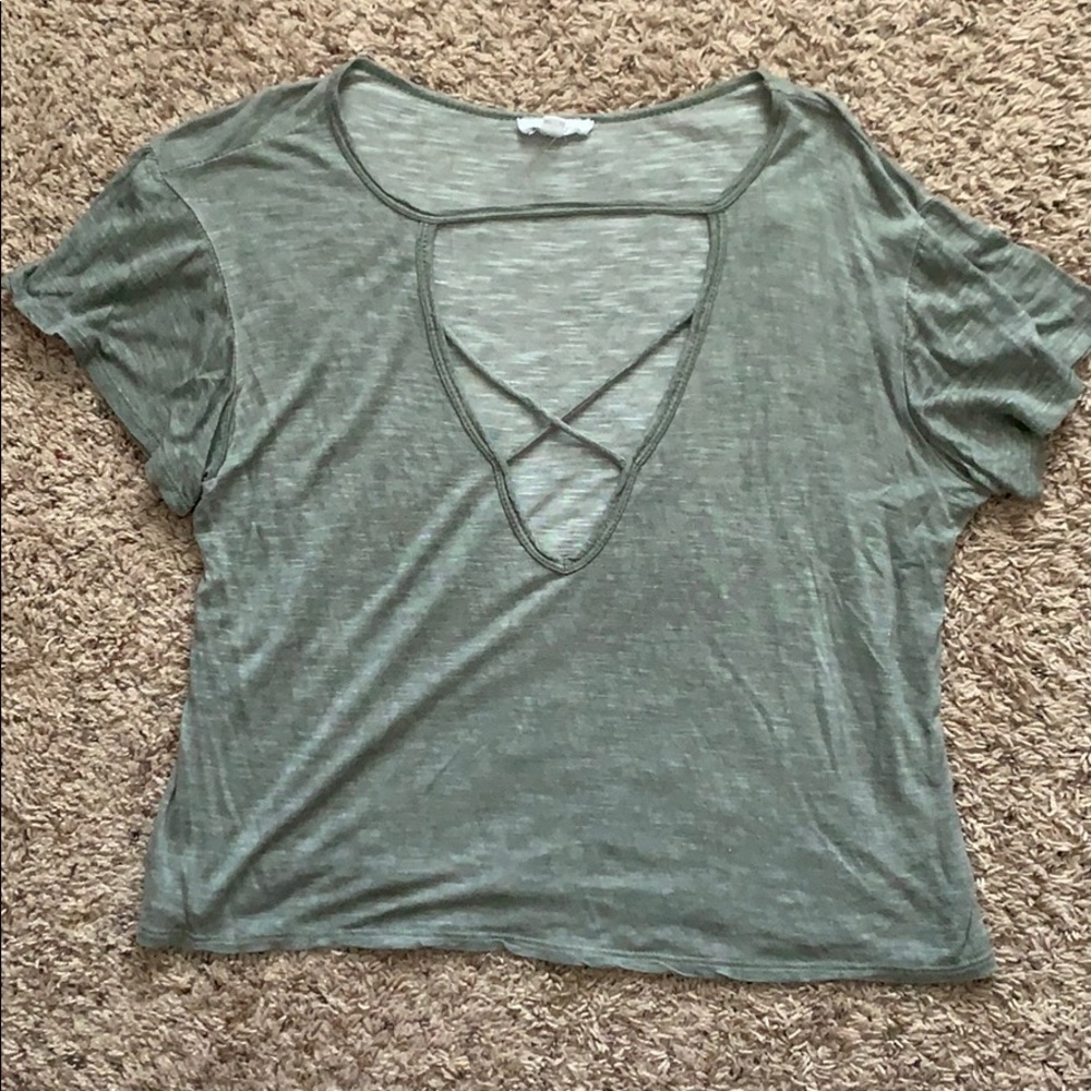 Green Lace Up V-Neck Cropped Shirt
